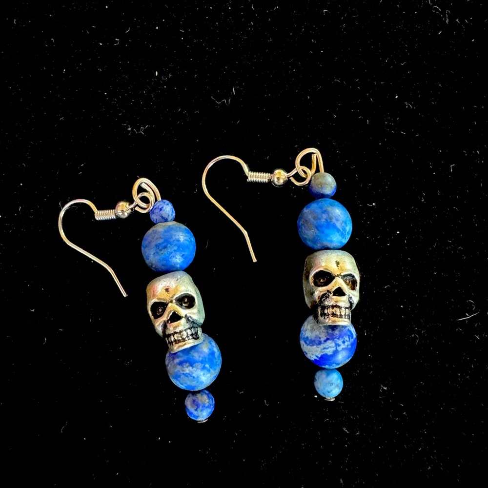 ❤️ Silver Skulls With Natural Lapis Lazuli Dangle Earrings